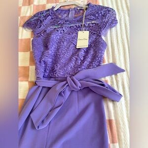 Dressy knit top short sleeve lavender jumpsuit with tie belt for waist NWT